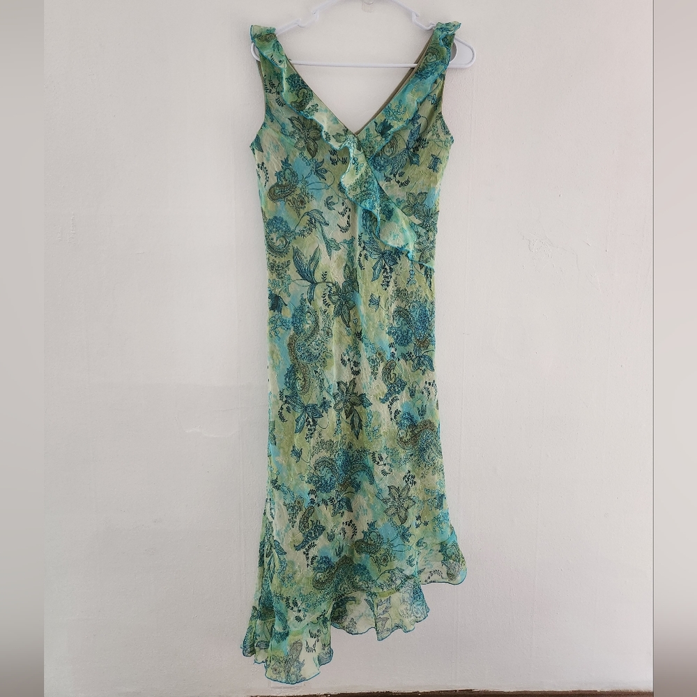 Vintage AGB Floral Asymmetrical Ruffle Midi Dress Fairy Core Nymph Y2k Green 8 - Picture 2 of 6